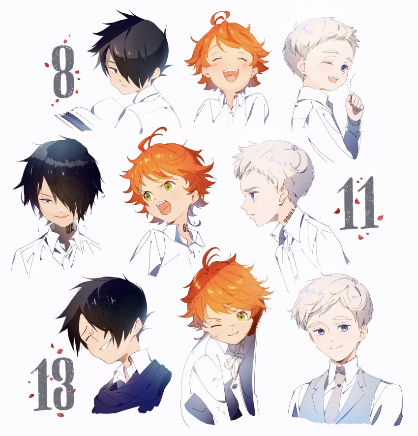 1girl 2boys age_comparison age_progression awarin black_hair blue_eyes blue_scarf blue_vest book character_age closed_mouth collared_shirt emma_(yakusoku_no_neverland) green_eyes grey_necktie hair_over_one_eye highres multiple_boys neck_tattoo necktie norman_(yakusoku_no_neverland) number_tattoo one_eye_closed open_book open_mouth orange_hair ray_(yakusoku_no_neverland) ribbon scarf shirt smile tattoo upper_body vest white_hair white_ribbon white_shirt yakusoku_no_neverland