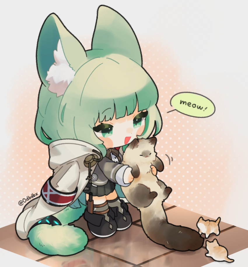 1girl :d animal animal_ears arknights black_footwear black_skirt blush_stickers cat cat_ears cat_tail chibi daba_(0dbdbx) green_eyes green_hair grey_ribbon grey_socks grey_sweater_vest harmonie_(arknights) highres holding holding_animal holding_cat infection_monitor_(arknights) long_hair long_sleeves multiple_cats neck_ribbon open_mouth pleated_skirt ribbon shoes simple_background skirt smile socks solo sweater_vest tail tail_ornament tail_ring twitter_username white_background