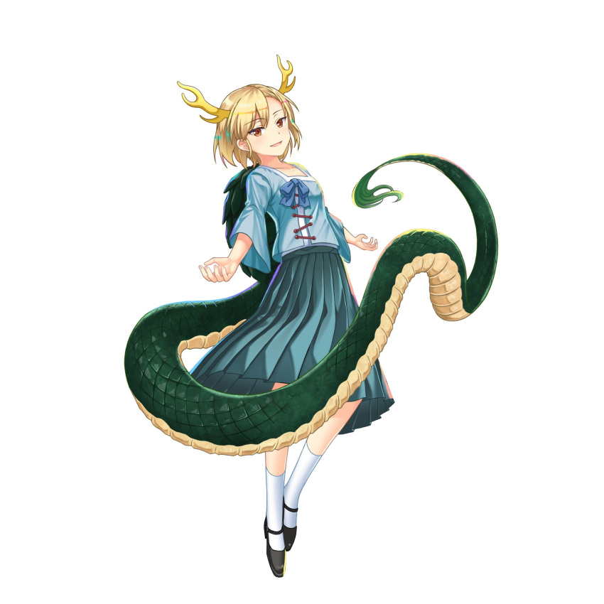 1girl aqua_skirt black_footwear blonde_hair blue_shirt brown_eyes collarbone dragon_horns dragon_tail full_body game_cg half-closed_eyes highres horns kicchou_yachie long_sleeves looking_at_viewer open_mouth pleated_skirt rotte_(1109) shirt short_hair simple_background skirt socks solo tail third-party_source touhou touhou_lost_word turtle_shell white_background white_socks