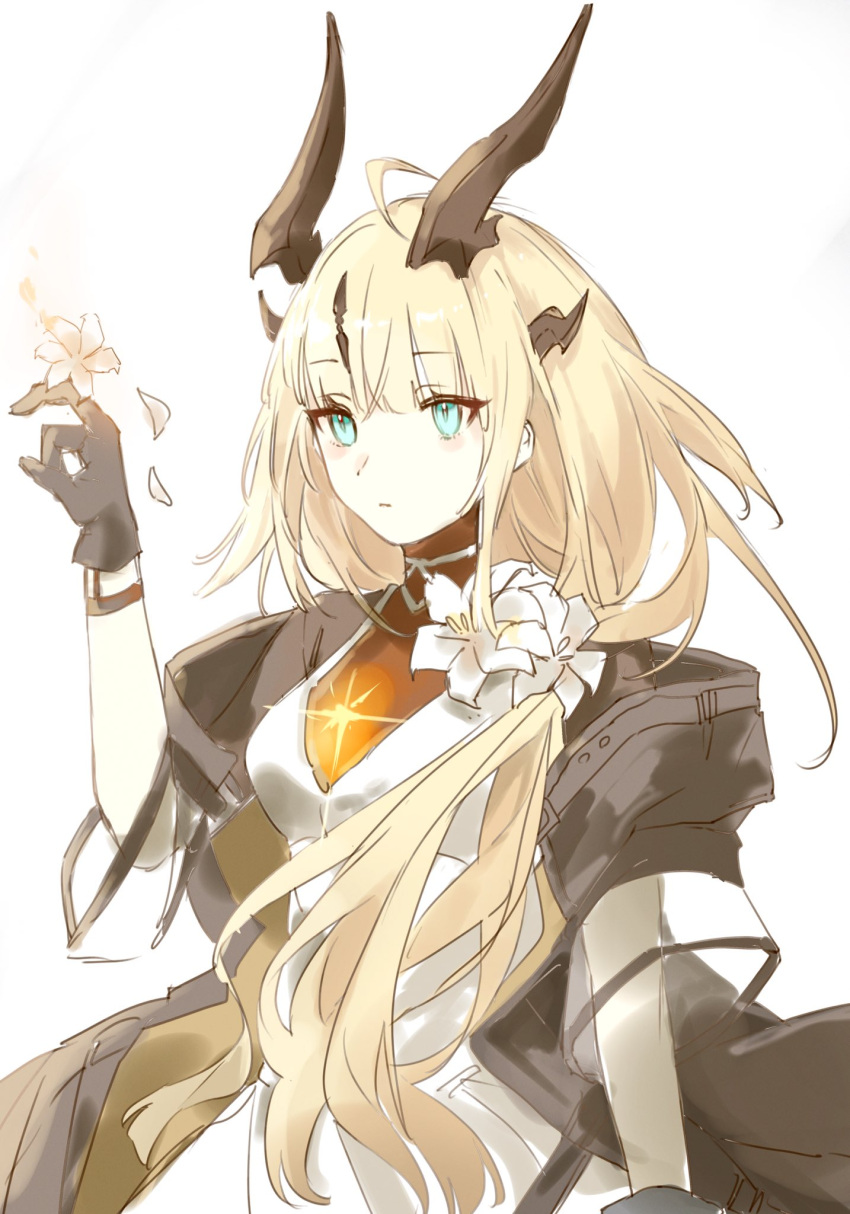 1girl arknights black_gloves black_jacket blonde_hair blue_eyes breasts dragon_girl dragon_horns dress flower gloves glowing hair_flower hair_ornament highres horns jacket joul_0704 official_alternate_costume open_clothes open_jacket reed_(arknights) reed_the_flame_shadow_(arknights) simple_background small_breasts solo upper_body white_background white_dress white_flower