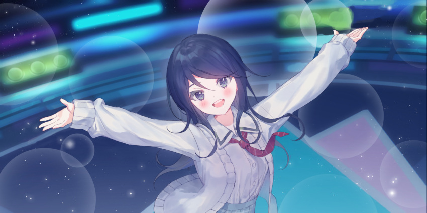 1girl blue_eyes blue_hair blue_skirt cardigan collared_shirt colorful_festival_(project_sekai) dancing derivative_work highres hoshino_ichika_(project_sekai) long_hair looking_at_viewer necktie open_mouth outstretched_arms project_sekai red_necktie screencap_redraw sha_(nz2) shirt skirt solo sparkle stage stage_lights tell_your_world_(vocaloid) upper_body white_cardigan white_shirt
