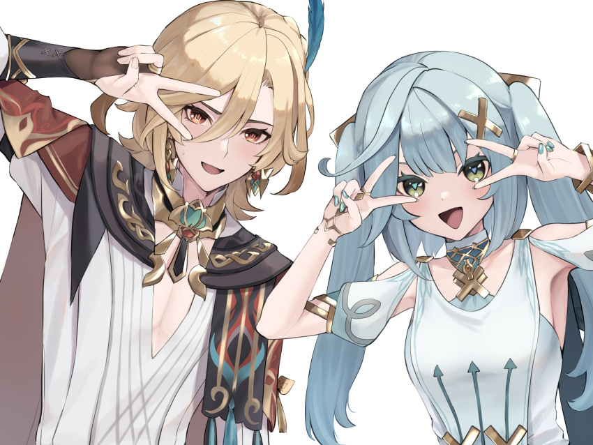 1boy 1girl blonde_hair blue_feathers blue_nails blush cape chunyingzhiri clothing_cutout compression_shirt double_v dress earrings faruzan_(genshin_impact) feather_hair_ornament feathers gem genshin_impact gold_earrings green_eyes green_gemstone hair_ornament highres jewelry kaveh_(genshin_impact) long_hair mandarin_collar medium_hair orange_eyes red_cape ring shoulder_cape shoulder_cutout simple_background smile triangle-shaped_pupils twintails v v_over_eye white_background white_dress x_hair_ornament