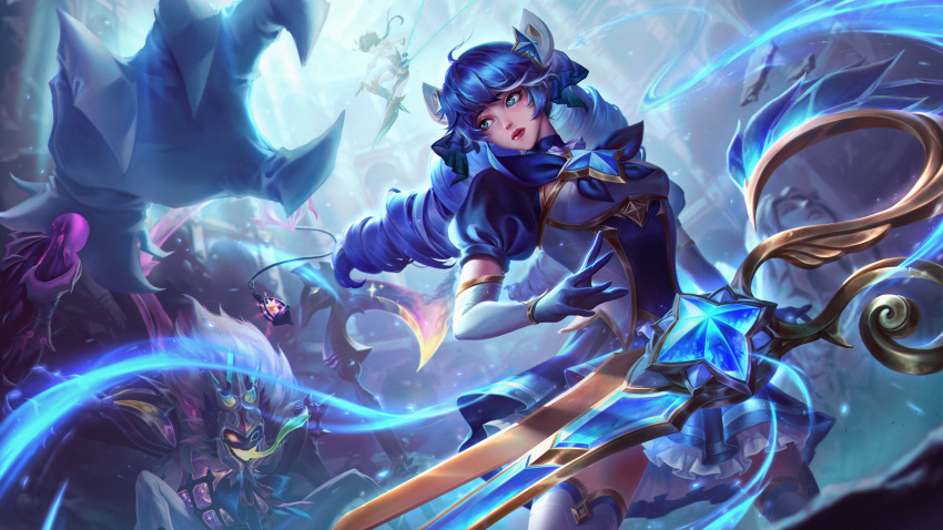 1boy 2girls absurdres amekoi blue_bow blue_bowtie blue_hair blue_shirt blurry blurry_background bow bowtie breasts character_request cowboy_shot drill_hair elbow_gloves fiddlesticks frilled_skirt frills gem giant_hand gloves gwen_(league_of_legends) hair_ornament highres holding holding_scissors holding_scythe large_breasts league_of_legends magic multiple_girls official_alternate_costume oversized_object puffy_short_sleeves puffy_sleeves red_lips scissors scythe shirt short_sleeves skirt solo_focus standing star_(symbol) star_guardian_gwen star_hair_ornament star_nemesis_fiddlesticks thigh-highs twin_drills twintails white_gloves