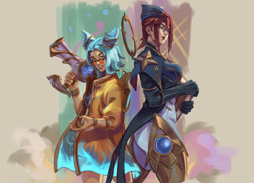 2girls absurdres armored_boots black_gloves blue_hair book boots brown_background camille_(league_of_legends) cowboy_shot elaimart from_side gem gloves grin gun hair_horns hair_ornament hand_up highres holding holding_gun holding_weapon jacket league_of_legends long_sleeves medium_hair multicolored_clothes multicolored_jacket multiple_girls nail_polish ocean_song_zeri official_alternate_costume orange-tinted_eyewear redhead smile standing sunglasses teeth tinted_eyewear weapon zeri_(league_of_legends)