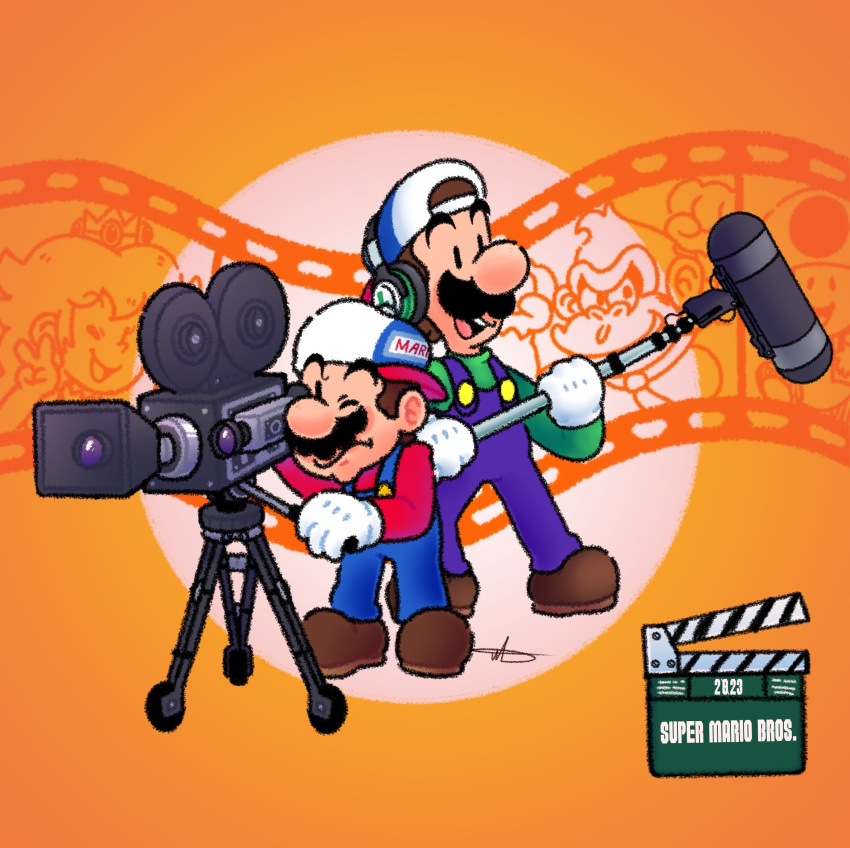 2boys alternate_headwear backwards_hat black_eyes black_headphones blue_overalls brothers brown_footwear buttons character_name clapperboard closed_mouth copyright_name donkey_kong english_commentary facial_hair film_strip full_body gloves green_shirt hat highres holding holding_microphone jradical2014 letter long_sleeves luigi mario microphone multiple_boys mustache nintendo one_eye_closed open_mouth orange_background overalls princess_peach red_shirt shirt shoes siblings signature smile solid_oval_eyes super_mario_bros. teeth the_super_mario_bros._movie thick_eyebrows toad_(mario) upper_teeth_only video_camera wavy_mouth white_gloves white_headwear