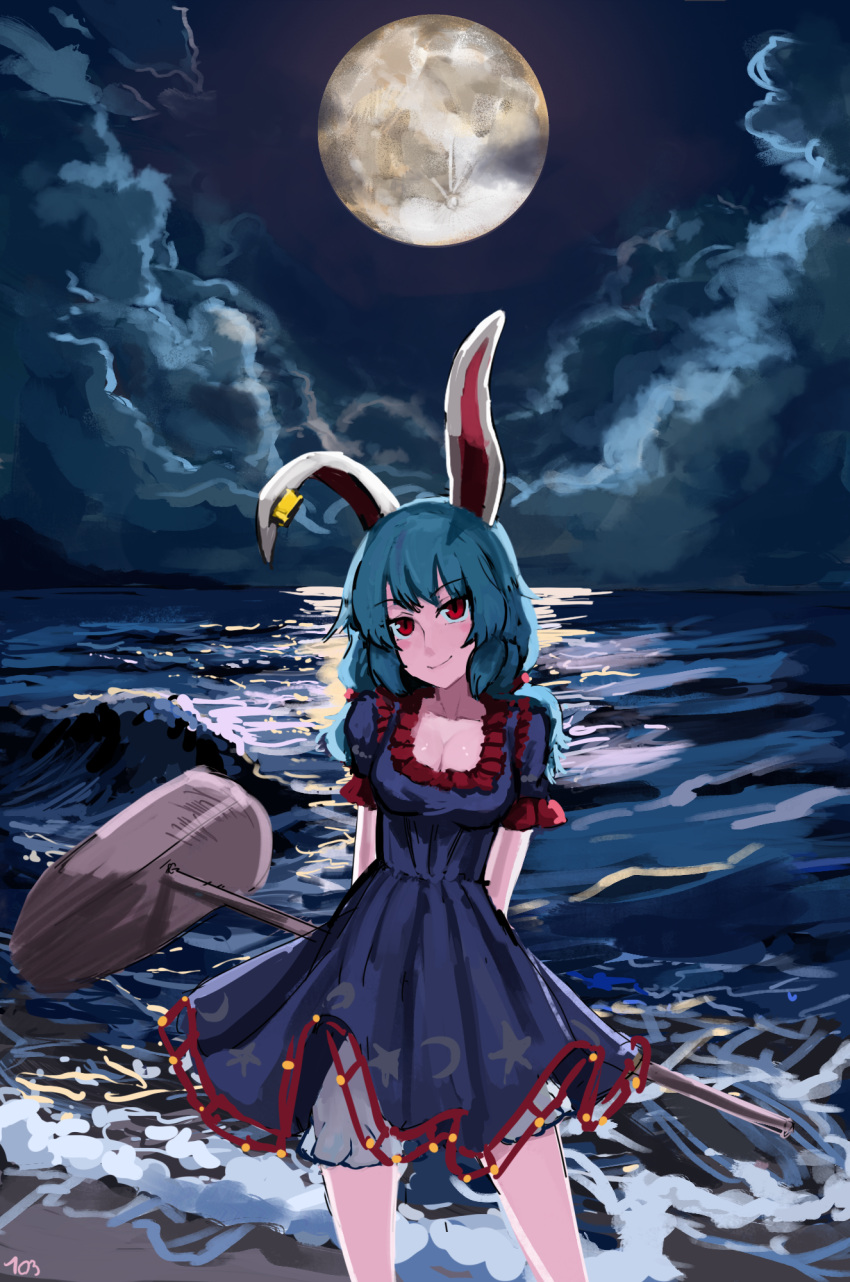 1girl animal_ears arms_behind_back beach bloomers blue_dress blue_hair blush blush_stickers clouds cloudy_sky cowboy_shot crescent crescent_print danlamdae dress earclip frilled_dress frilled_sleeves frills full_moon head_tilt highres holding kine long_hair looking_at_viewer mallet moon moonlight night night_sky ocean outdoors puffy_short_sleeves puffy_sleeves rabbit_ears red_eyes seiran_(touhou) short_sleeves sky smile solo standing star_(symbol) star_print touhou underwear waves white_bloomers