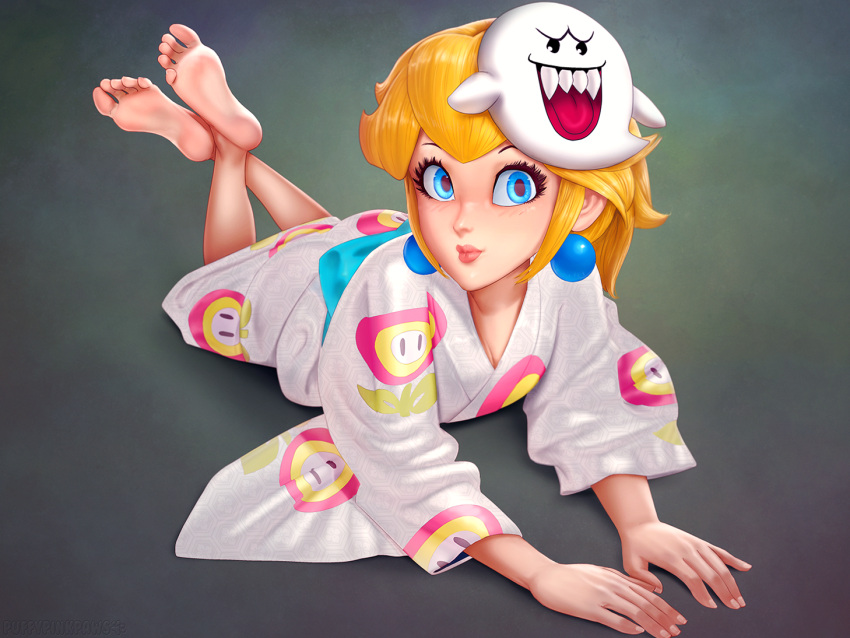 1girl barefoot blonde_hair blue_eyes boo_(mario) earrings feet fire_flower japanese_clothes jewelry kimono light_blush long_hair looking_at_viewer lying official_alternate_costume on_stomach princess_peach puffypinkpaws soles solo super_mario_bros. super_mario_odyssey the_pose toes yukata
