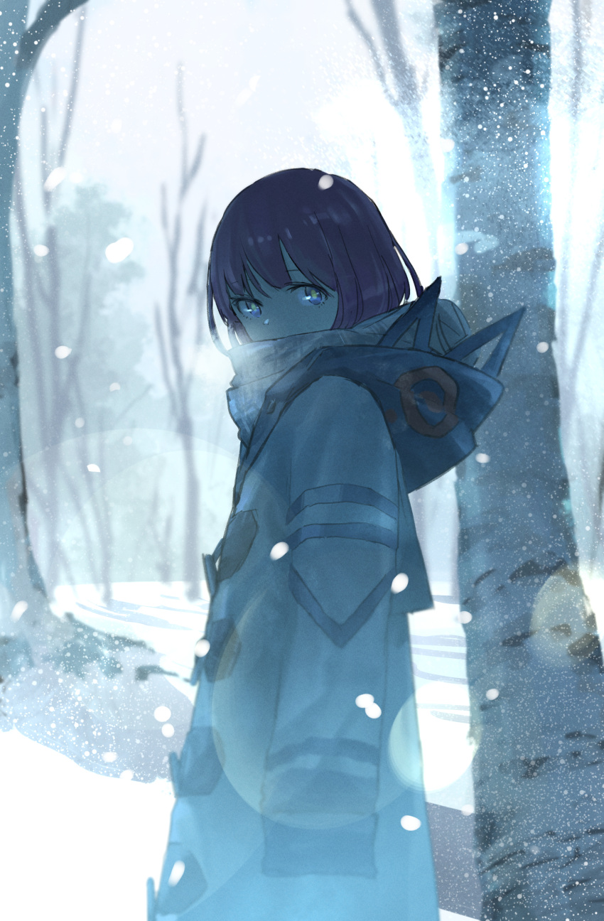 1girl absurdres arms_at_sides bare_tree birch blue_coat blue_eyes blurry blurry_background breath coat commentary_request cowboy_shot day enpera forest from_side highres hood hood_down hooded_coat kaf_(kamitsubaki_studio) kamitsubaki_studio lens_flare long_sleeves looking_at_viewer looking_to_the_side multicolored_eyes muted_color nature outdoors pink_hair scarf sleeves_past_fingers sleeves_past_wrists snow snowing solo sun_1200 tree virtual_youtuber winter_clothes yellow_pupils
