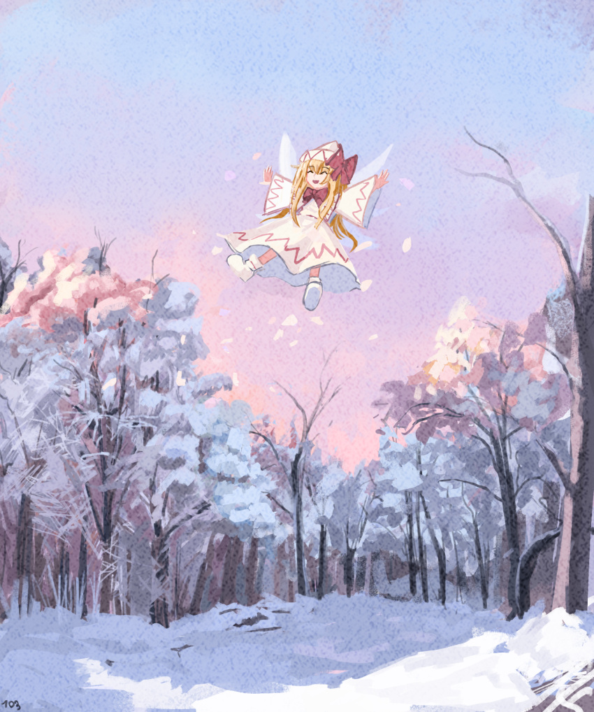 1girl :d bare_tree blonde_hair blue_sky bow bowtie branch capelet cherry_blossoms closed_eyes danlamdae dress fairy fairy_wings flying gradient_sky hat hat_bow highres lily_white long_hair long_sleeves midair open_mouth outdoors outstretched_arms petals red_bow red_bowtie shoes sky smile snow solo spread_arms touhou tree white_capelet white_dress white_footwear white_headwear wide_shot wings