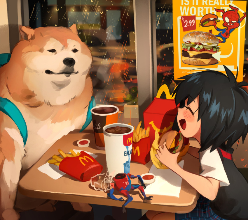 1girl :d absurdres ad animal backpack bag black_hair black_shirt blush burger cheemsburger_(doge) closed_eyes closed_mouth coca-cola cup disposable_cup dog doge drink eating food french_fries from_side happy happy_meal highres holding holding_food indoors khyle. marvel mcdonald's night peni_parker poster_(object) rain revision shirt smile soda sp//dr spider-ham spider-man:_into_the_spider-verse spider-man_(series) table toy white_shirt window
