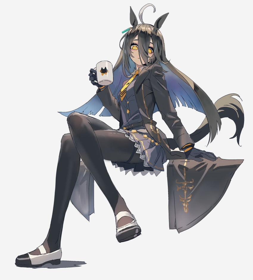 1girl ahoge animal_ears animal_print black_gloves black_hair black_jacket black_pantyhose blue_hair breasts cat_print crossed_legs cup double-parted_bangs earrings full_body gloves glowing glowing_eyes grey_shirt grey_skirt hair_between_eyes highres holding holding_cup horse_ears horse_tail jacket jewelry loafers long_hair looking_at_viewer manhattan_cafe_(umamusume) mug multicolored_hair necktie pantyhose pleated_skirt sarcophage shirt shoes single_earring sitting sketch skirt small_breasts solo streaked_hair tail two-tone_hair umamusume white_background white_hair yellow_eyes yellow_necktie