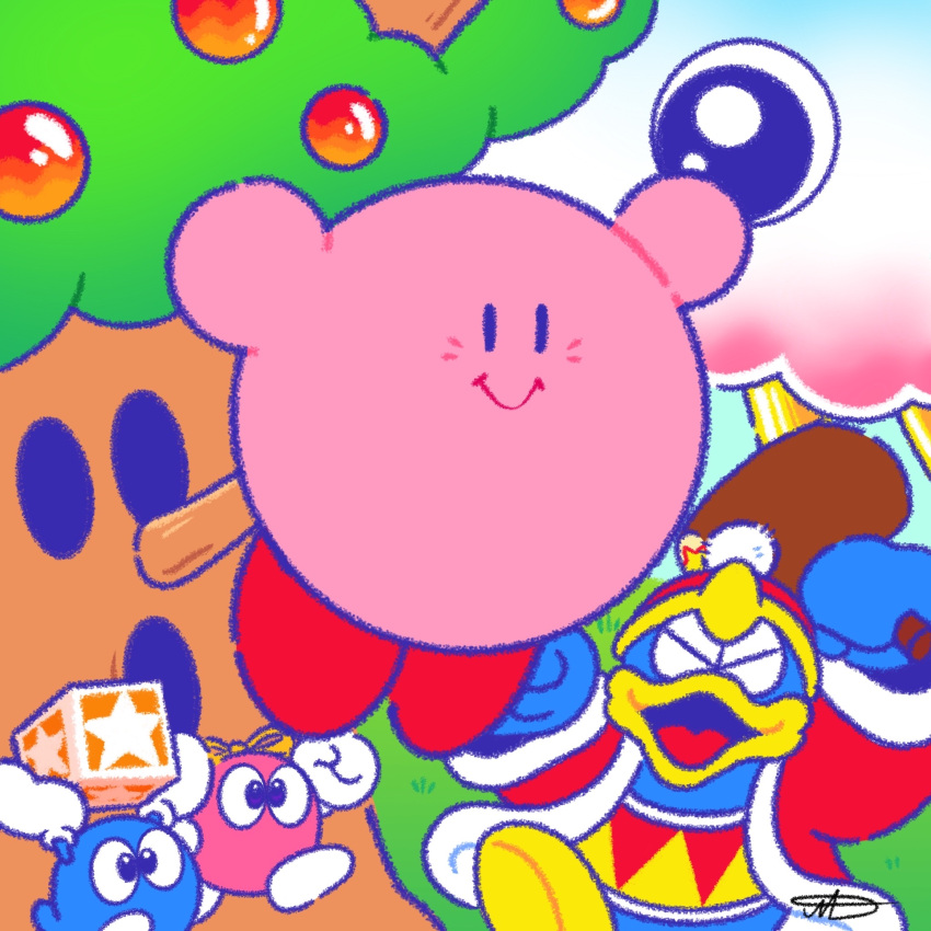 1girl 3boys anniversary apple beak blue_sky blush_stickers clenched_hand closed_eyes clouds crown english_commentary everyone flower food fruit gloves grass hammer highres holding holding_block holding_hammer jradical2014 king_dedede kirby kirby's_dream_land kirby_(series) kracko lalala_(kirby) lololo_(kirby) multiple_boys no_humans open_mouth pom_pom_(clothes) red_flower red_footwear red_headwear red_rose rose sash sky smile solid_oval_eyes star_block tree v-shaped_eyes whispy_woods white_gloves