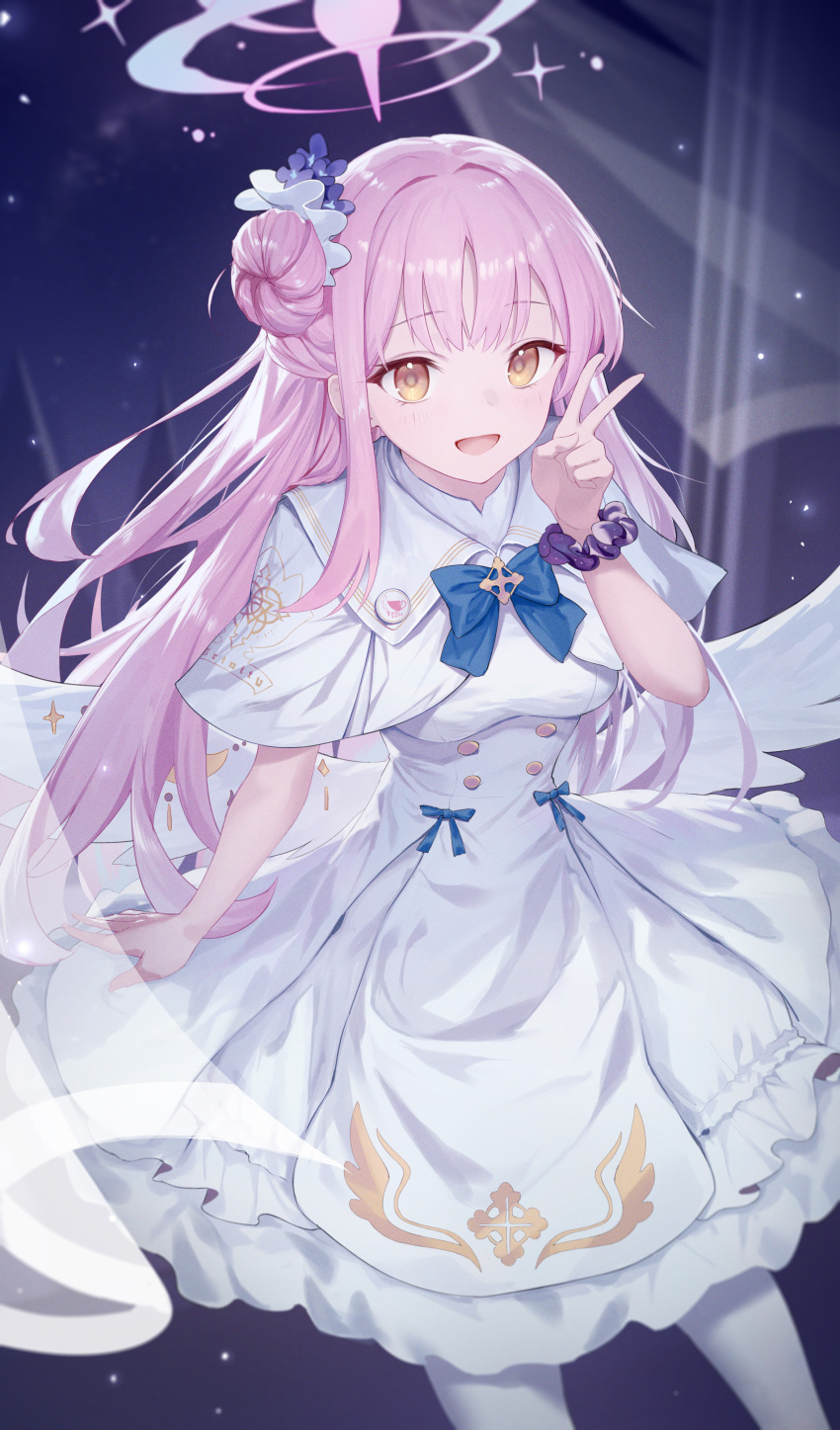 1girl absurdres blue_archive blue_flower blush capelet dress flower hair_bun hair_flower hair_ornament halo highres long_hair looking_at_viewer low_wings mika_(blue_archive) open_mouth pink_halo roi_(liu_tian) single_hair_bun solo sparkle v white_dress white_wings wings yellow_eyes