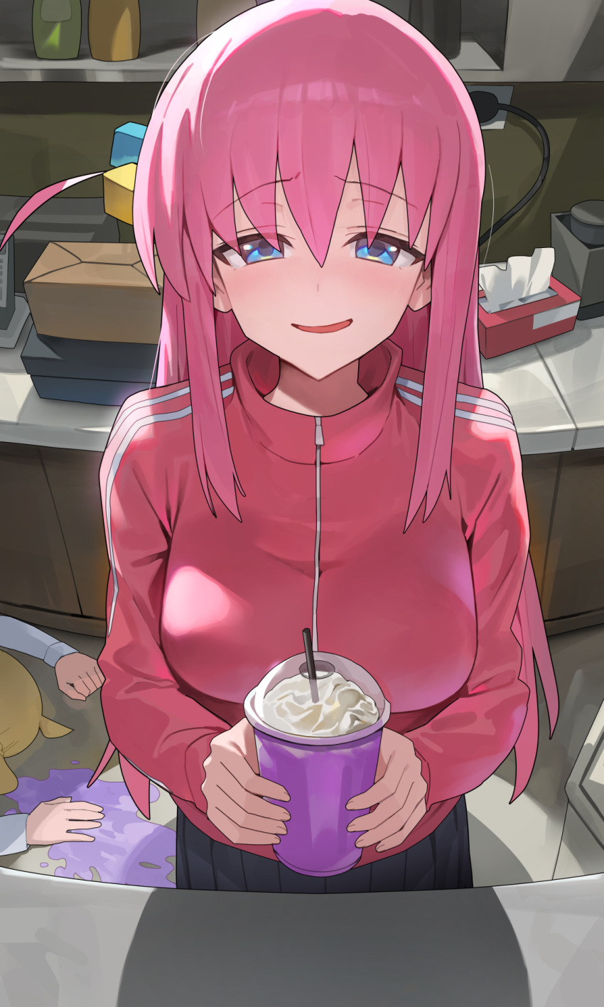 2girls blue_eyes bocchi_the_rock! box breasts counter cube_hair_ornament cup disposable_cup drink drinking_straw gotoh_hitori grimace_shake_(meme) hair_ornament highres holding holding_cup hood_(james_x) ijichi_nijika jacket large_breasts long_hair looking_at_viewer meme multiple_girls nervous_smile pink_hair pink_jacket side_ahoge smile solo_focus tissue_box track_jacket unconscious whipped_cream