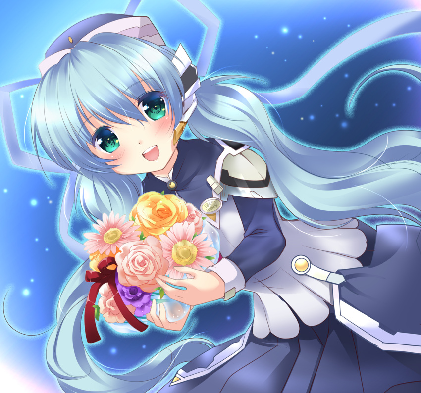 1girl asahina_yori blue_background blue_dress blue_hair blue_headwear blue_ribbon blush bouquet character_name colored_eyelashes commentary cowboy_shot dress dutch_angle eyes_visible_through_hair floating_hair flower green_eyes hair_between_eyes hair_ribbon happy highres holding holding_bouquet hoshino_yumemi light_particles long_hair long_sleeves looking_at_viewer low_twintails open_mouth pink_flower pink_rose planetarian purple_flower red_ribbon ribbon rose round_teeth simple_background smile solo standing symbol-only_commentary teeth translated twintails upper_teeth_only very_long_hair yellow_flower yellow_rose