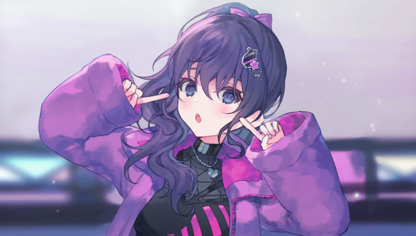 1girl asahina_mafuyu awakening_beat_(project_sekai) black_shirt bow derivative_work hair_bow hamster_hair_ornament heart heart_necklace high_ponytail highres idol_shin'etai_(vocaloid) index_finger_raised jacket jewelry long_hair long_sleeves looking_at_viewer necklace open_mouth pink_bow project_sekai purple_hair purple_jacket screencap_redraw sha_(nz2) shirt sidelocks solo upper_body violet_eyes