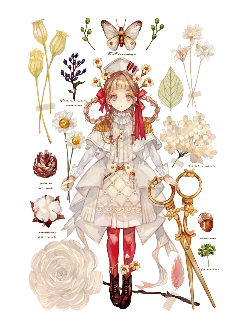 1girl acorn black_footwear boots bow braid brown_eyes brown_hair bug butterfly capelet daisy dot_mouth flower hair_bow hair_flower hair_ornament hair_rings highres holding holding_flower long_bangs long_hair long_skirt long_sleeves looking_at_viewer niwa_haruki ofuda original pantyhose red_bow red_pantyhose scissors shirt skirt solo straight-on twin_braids twintails white_capelet white_flower white_shirt white_skirt