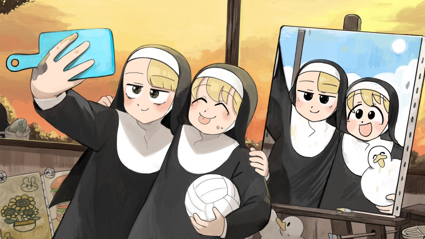 2girls :p ball bird blonde_hair catholic chicken clumsy_nun_(diva) diva_(hyxpk) duck english_commentary habit hand_on_another's_shoulder highres little_nuns_(diva) multiple_girls nun painting_(object) selfie smile spicy_nun_(diva) tongue tongue_out traditional_nun volleyball_(object) yellow_eyes