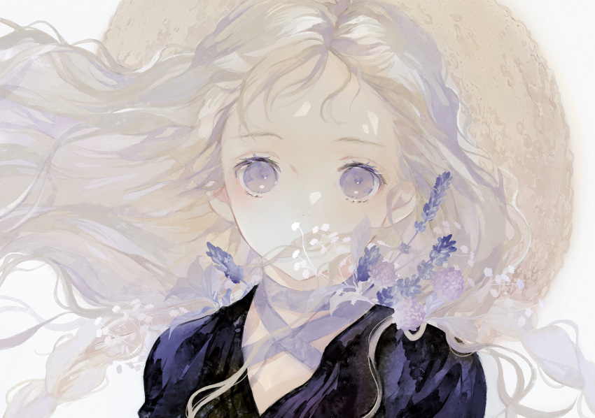 1girl black_jacket blonde_hair blue_eyes blue_flower expressionless flower flower_in_mouth hat highres jacket long_hair looking_at_viewer muted_color niwa_haruki original shirt simple_background solo straw_hat upper_body white_background white_flower white_shirt