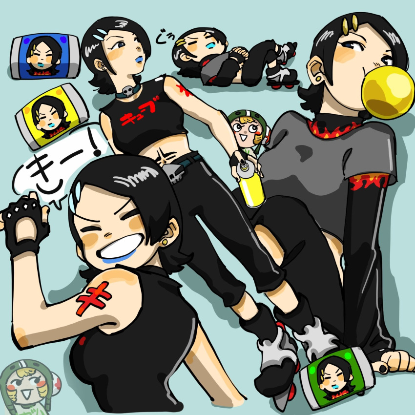 black_nails black_pants black_sleeves blue_eyes blue_lips bubble_blowing can chewing_gum choker closed_eyes crop_top cube_(jsr) earrings fingerless_gloves gloves gum_(jsr) hair_ornament highres holding holding_can jet_set_radio jewelry layered layered_clothes layered_sleeves long_sleeves looking_at_viewer multiple_views open_mouth pants roller_skates shoulder_tattoo skates sleeveless smile spray_can swept_bangs tattoo vol2pencil