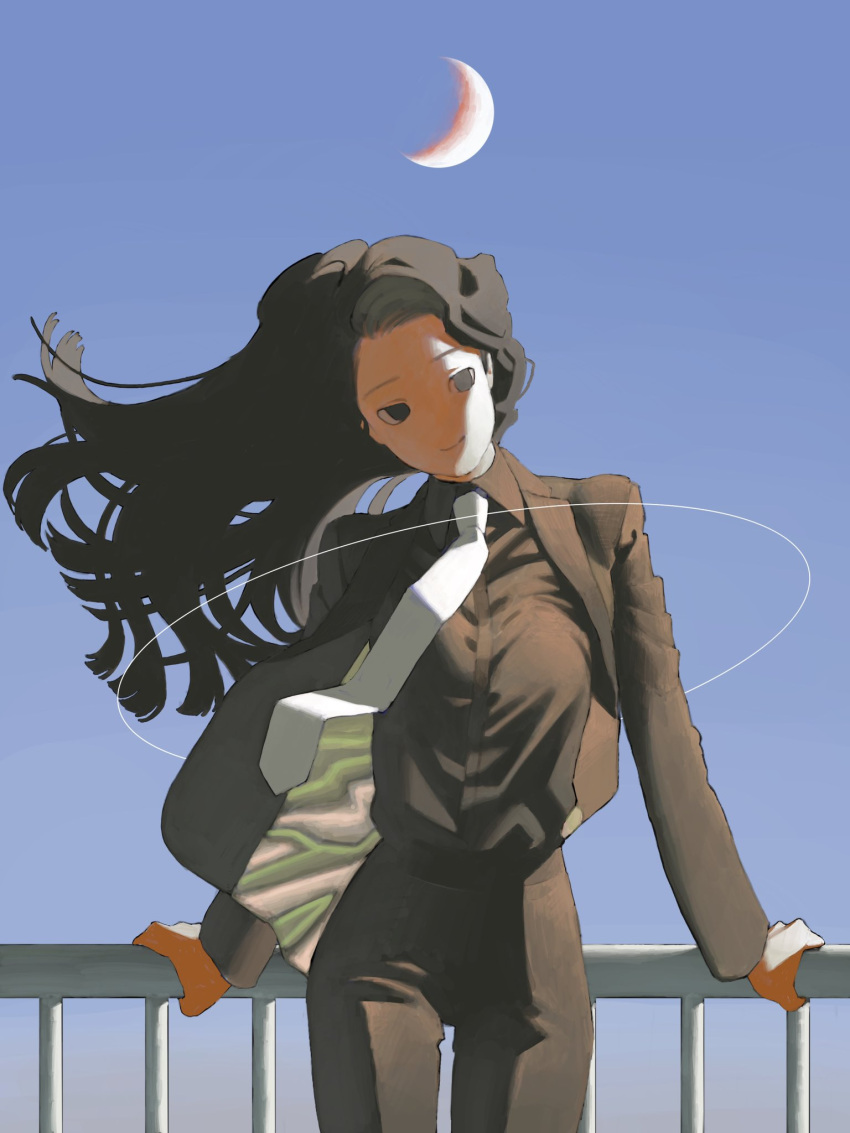 1girl against_railing black_eyes black_hair black_jacket black_pants black_shirt black_suit blue_sky breasts closed_mouth collared_shirt cowboy_shot crescent_moon dress_shirt floating_hair formal gtsleep1200 hand_on_railing highres jacket long_hair long_sleeves looking_at_viewer medium_breasts moon necktie open_clothes open_jacket original outdoors pant_suit pants railing shirt shirt_tucked_in sky smile solo standing suit white_necktie wind