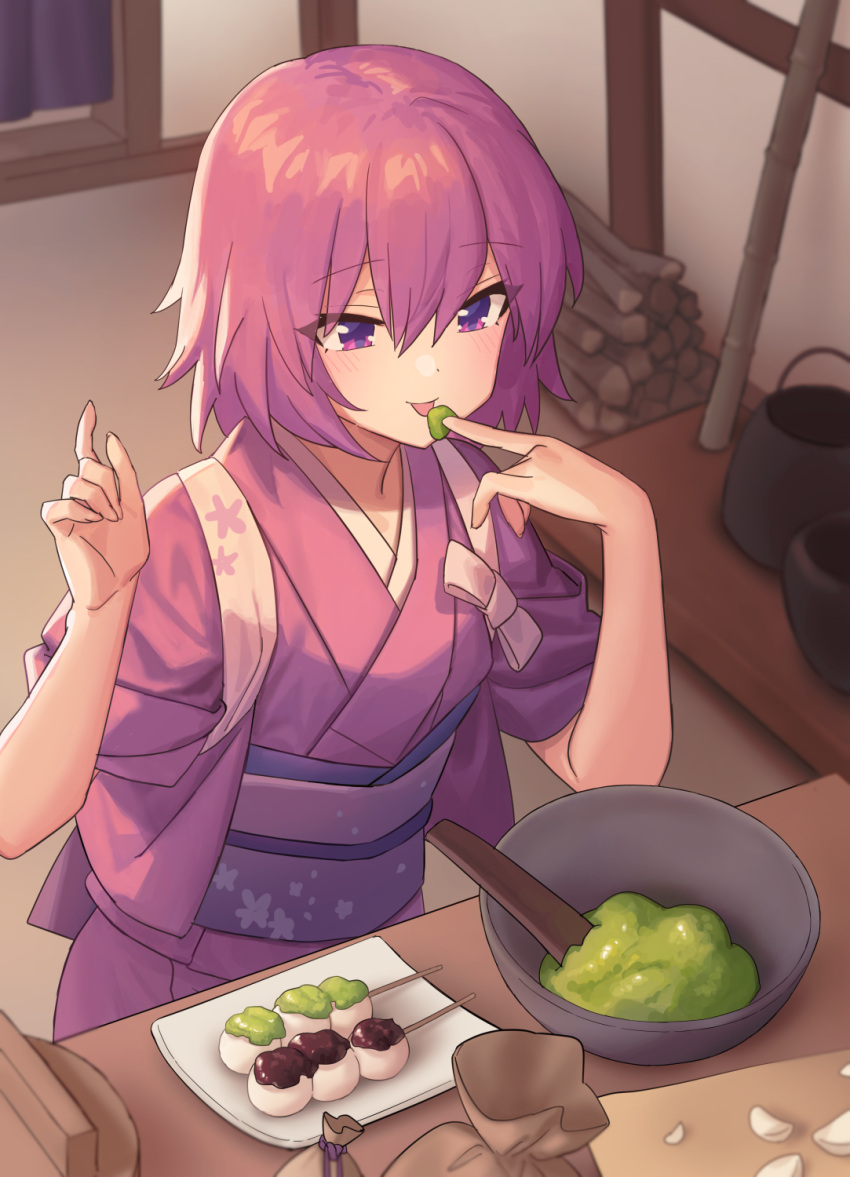 1girl bad_link blurry blush bowl chorefuji commentary_request cutting_board eating food_request hands_up highres indoors japanese_clothes kimono licking medium_hair original plate pouch purple_hair purple_kimono purple_sash sash short_sleeves skewer smile solo tongue tongue_out violet_eyes