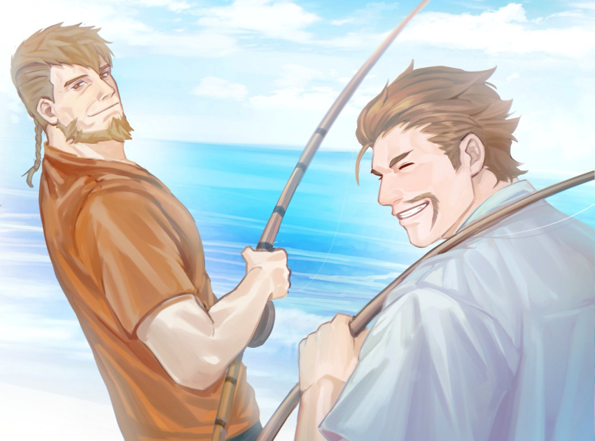 2boys alois_rangeld beard brown_hair closed_eyes closed_mouth commentary facial_hair fire_emblem fire_emblem:_three_houses fishing fishing_rod highres ina_zuma jeralt_reus_eisner male_focus mature_male multiple_boys mustache mutton_chops old old_man short_hair sideburns smile symbol-only_commentary undercut wrinkled_skin
