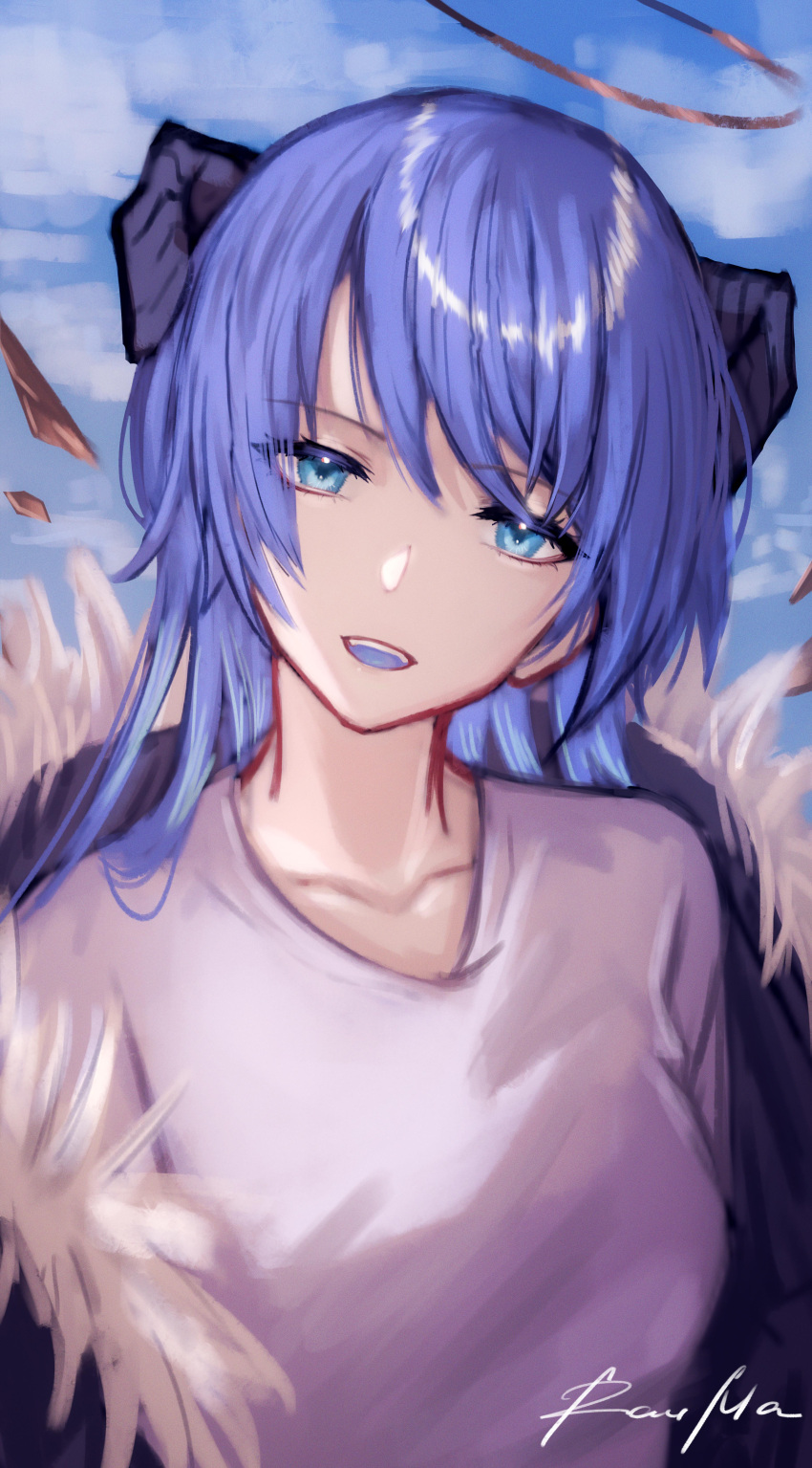 1girl absurdres arknights black_jacket blue_eyes blue_hair blue_sky blue_tongue breasts collarbone colored_tongue demon_horns detached_wings energy_wings fur-trimmed_jacket fur_trim halo head_tilt highres horns jacket long_hair looking_at_viewer mostima_(arknights) one-hour_drawing_challenge open_mouth outdoors rau_ma_(the_rauma001) shirt sky small_breasts solo teeth upper_body upper_teeth_only white_shirt wings