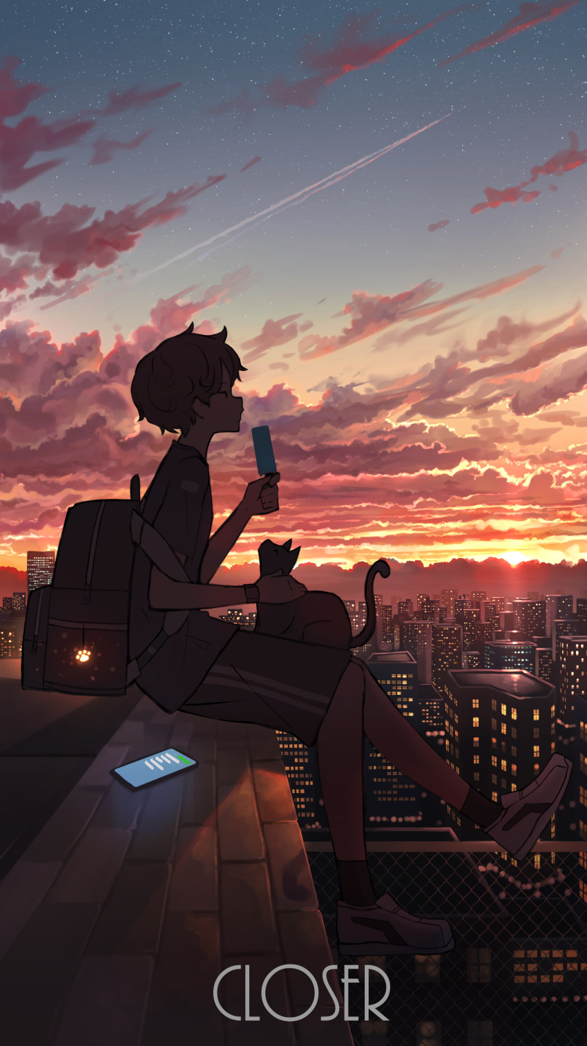 1boy absurdres backpack bag black_shirt blue_shirt building cat cellphone city cityscape clouds commentary_request contrail food from_side full_body highres horizon male_focus original outdoors pasoputi paw_print phone popsicle profile scenery shirt short_hair sky smartphone solo star_(sky) starry_sky sunset watch watch