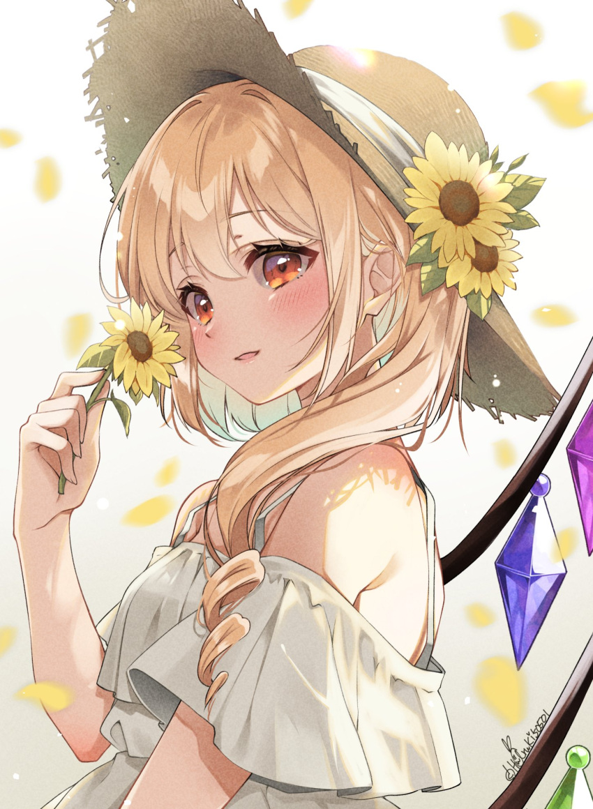1girl blonde_hair blush brown_headwear crystal dress flandre_scarlet flower from_side haruki_(colorful_macaron) hat hat_flower highres holding holding_flower long_hair one_side_up open_mouth red_eyes smile solo straw_hat sunflower touhou twitter_username upper_body white_dress wings yellow_flower