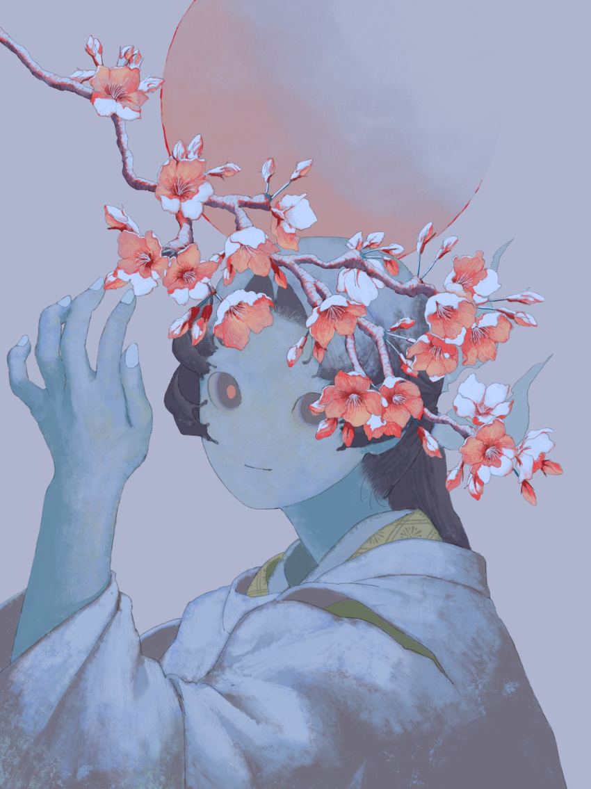 1girl blue_skin branch closed_mouth colored_skin fingernails flower from_side grey_background grey_eyes gtsleep1200 hand_up highres japanese_clothes kariginu long_hair looking_at_viewer looking_to_the_side making-of_available no_nose original pink_flower purgatorial_red red_sun simple_background solo upper_body