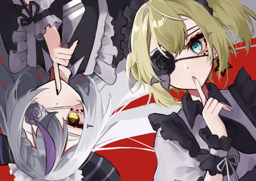 2girls absurdres blonde_hair blue_eyes commentary_request earrings facial_mark finger_to_mouth flower_eyepatch grey_hair highres hololive horns identity_(vocaloid) jewelry kazama_iroha la+_darknesss looking_at_viewer maid maid_headdress mashiro_io multicolored_hair multiple_girls purple_hair red_background side_ponytail simple_background star_(symbol) star_earrings streaked_hair striped_horns upper_body virtual_youtuber wrist_cuffs