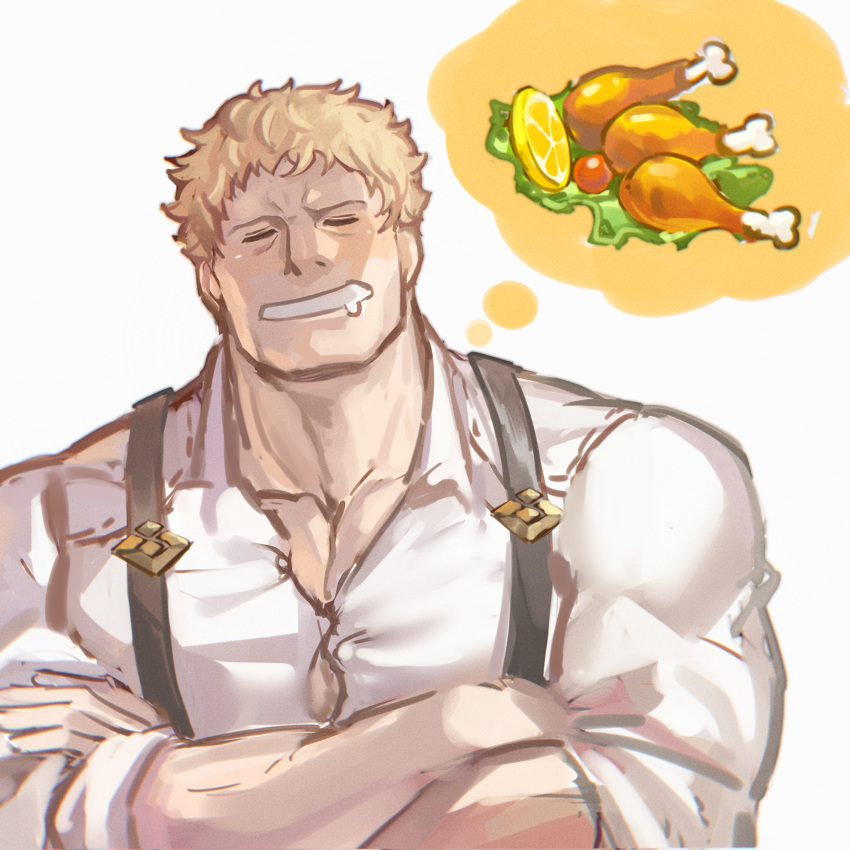 1boy blonde_hair blush bursting_pectorals character_request collared_shirt crossed_arms drooling fire_emblem food highres imagining ina_zuma large_pectorals male_focus mature_male meat mouth_drool muscular muscular_male pectoral_cleavage pectorals shirt short_hair sideburns solo suspenders thick_eyebrows upper_body