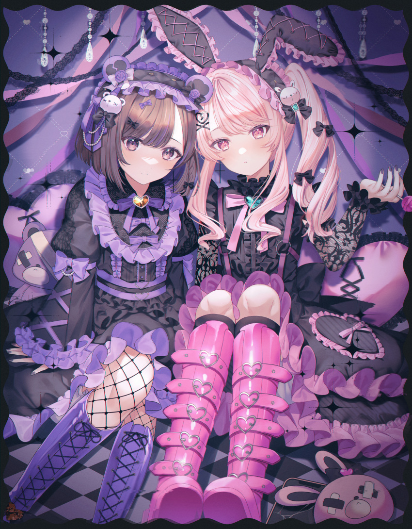 1girl 1other absurdres akiyama_mizuki androgynous animal_ears bear_ears bear_hair_ornament black_bow black_dress black_nails bow bowtie brown_eyes brown_hair candy closed_mouth commentary_request dress expressionless fake_animal_ears fishnets food frilled_dress frilled_hairband frills hair_bow hair_ornament hairband hairclip hand_up heart heart_hair_ornament highres holding holding_candy holding_food holding_lollipop knees_up lolita_fashion lolita_hairband lollipop long_hair long_sleeves looking_at_viewer lushuao medium_hair pillow pink_bow pink_bowtie pink_eyes pink_hair pink_ribbon project_sekai puffy_sleeves purple_bow purple_footwear rabbit_ears rabbit_hair_ornament ribbon shinonome_ena side_ponytail stuffed_animal stuffed_rabbit stuffed_toy suspenders teddy_bear