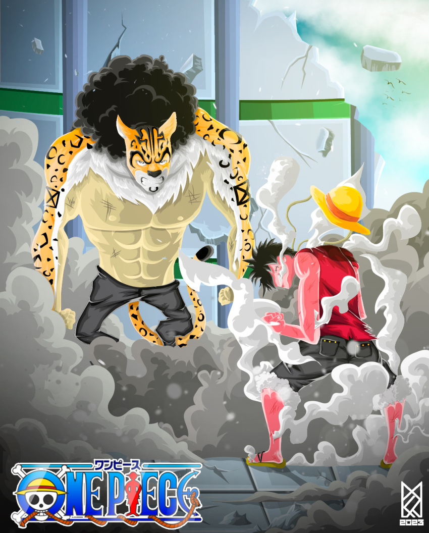 2023 2boys alternate_form animal_ears animal_hands artist_logo black_hair clenched_hand colored_skin facial_hair full_body gear_third goatee hat highres jaguar_boy jaguar_ears jaguar_tail jm_productions jolly_roger logo male_focus medium_hair monkey_d._luffy multiple_boys one_piece rob_lucci sandals scar scar_on_chest scar_on_face short_hair signature skull_and_crossbones standing straw_hat tail teeth topless topless_male wavy_hair