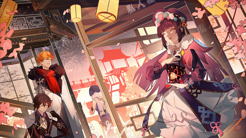 2boys 2girls absurdres architecture black_hair black_jacket blue_hair bonnet brown_hair capelet chinese_clothes chinese_commentary closed_eyes closed_mouth coat commentary_request corset dark_blue_hair east_asian_architecture flower fur_coat fur_collar genshin_impact highres jacket krao lantern lolita_fashion long_hair multiple_boys multiple_girls open_mouth orange_hair paper_lantern pink_capelet pink_flower qi_lolita short_hair simple_background smile tartaglia_(genshin_impact) vision_(genshin_impact) white_coat yelan_(genshin_impact) yun_jin_(genshin_impact) zhongli_(genshin_impact)