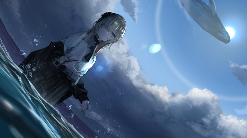 1girl alternate_costume aqua_eyes black_flower black_jacket black_necktie black_skirt blue_sky closed_mouth clouds cloudy_sky collared_shirt commentary_request dress_shirt dutch_angle expressionless flower flying_whale grey_hair hair_flower hair_ornament hair_over_one_eye hands_up highres isekai_joucho jacket jacket_partially_removed kamitsubaki_studio long_hair long_sleeves looking_at_viewer multicolored_hair necktie ocean outdoors pleated_skirt redhead sea_spray shirt shirt_tucked_in short_necktie skirt sky solo storm streaked_hair sun sun_1200 virtual_youtuber wading water wet wet_clothes wet_hair whale white_shirt