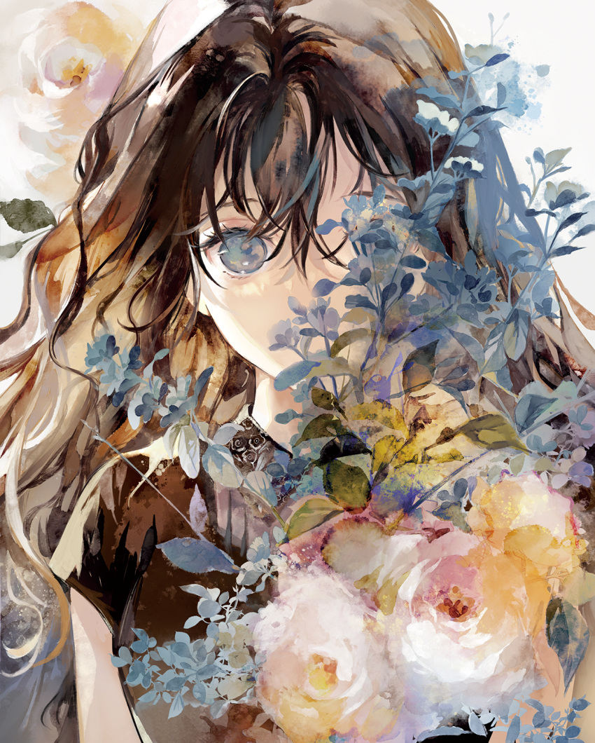 1girl black_shirt blue_eyes blue_flower blue_leaf brown_hair commentary flower highres leaf long_hair looking_at_viewer niwa_haruki one_eye_covered original pink_flower shirt simple_background sleeveless solo standing symbol-only_commentary upper_body watercolor_effect white_background