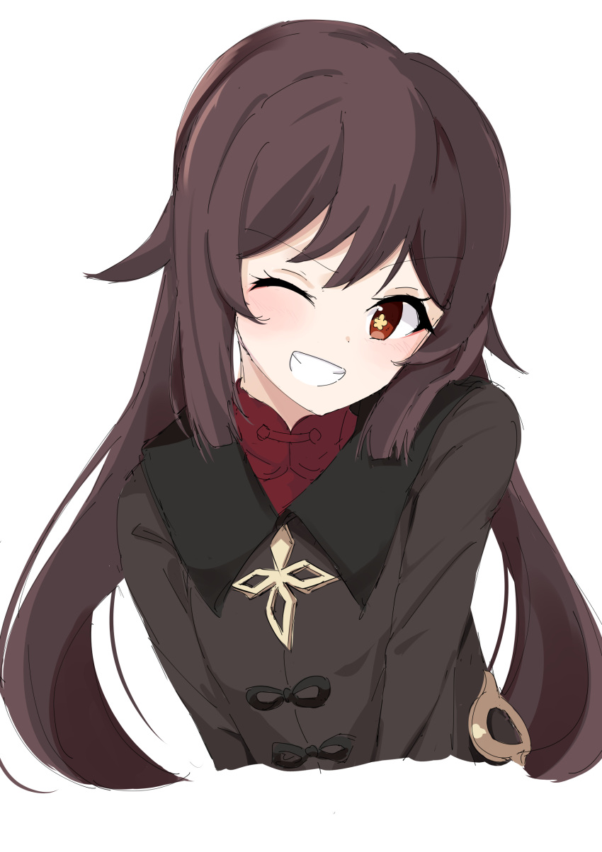 1girl absurdres black_jacket brown_hair commentary_request cropped_torso day_mello genshin_impact grin highres hu_tao_(genshin_impact) jacket long_hair looking_at_viewer low_twintails one_eye_closed red_eyes red_shirt shirt smile solo symbol-shaped_pupils twintails upper_body very_long_hair