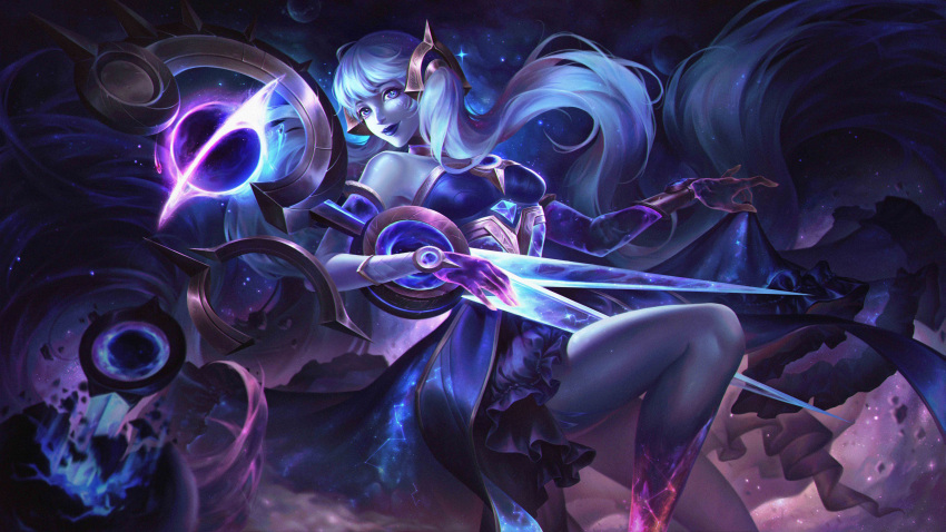 1girl absurdres alternate_costume alternate_hairstyle amekoi bare_shoulders blue_dress blue_eyes blue_skin broken closed_mouth clothes_lift colored_skin dress dress_lift feet_out_of_frame frilled_dress frills gwen_(league_of_legends) hair_ornament highres holding holding_scissors league_of_legends long_hair looking_at_viewer pink_eyes purple_lips scissors smile solo space space_print starry_sky_print symbol_in_eye white_hair