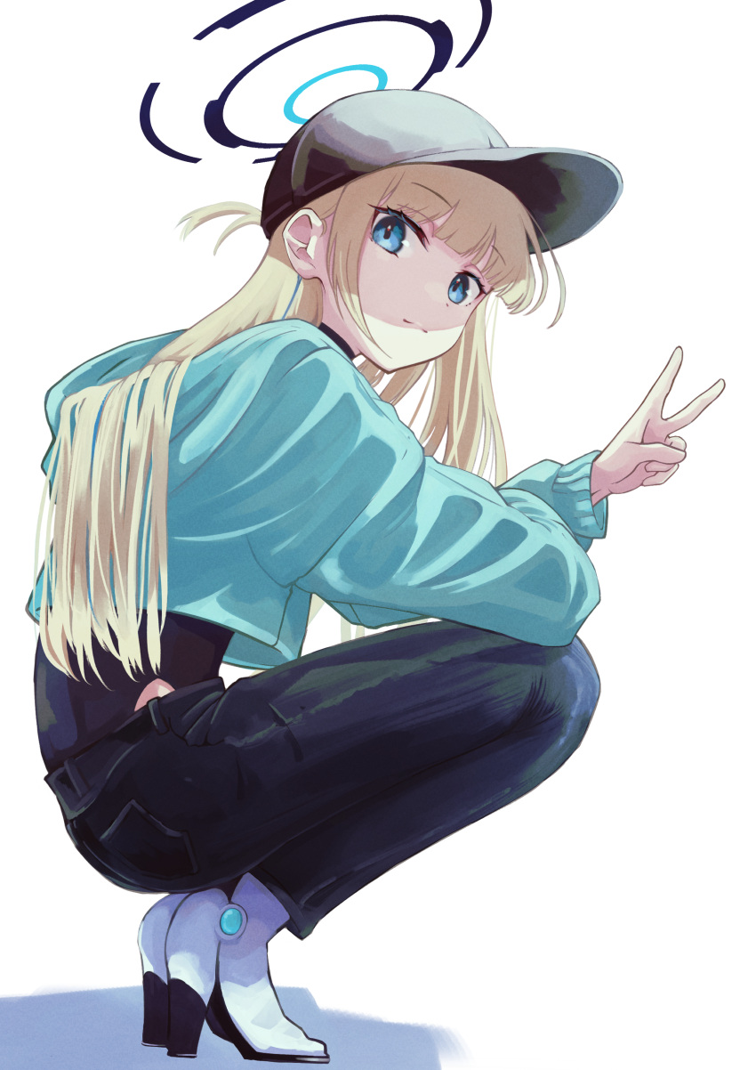 1girl 3200_(artist) absurdres baseball_cap black_headwear black_pants blonde_hair blue_archive blue_eyes blunt_bangs closed_mouth from_side full_body halo hat highres hood hood_down hooded_sweater long_hair long_sleeves looking_at_viewer pants simple_background solo squatting straight_hair sweater toki_(blue_archive) white_background white_footwear