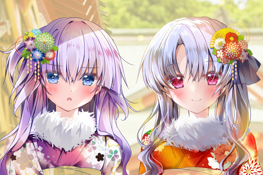 2girls absurdres asahina_yori blue_eyes blue_hair blue_ribbon blurry blurry_background blush closed_mouth commentary day eyelashes eyes_visible_through_hair floral_print flower frown fur-trimmed_kimono fur_trim hair_between_eyes hair_flower hair_ornament hair_over_shoulder hatsumoude highres japanese_clothes kanzashi kimono leaf_hair_ornament long_hair looking_at_viewer multiple_girls one_side_up open_mouth outdoors parted_bangs purple_hair purple_kimono red_eyes red_flower red_kimono ribbon siblings side-by-side sidelocks sisters smile sorakado_ai sorakado_ao straight-on summer_pockets upper_body wavy_hair white_flower white_fur