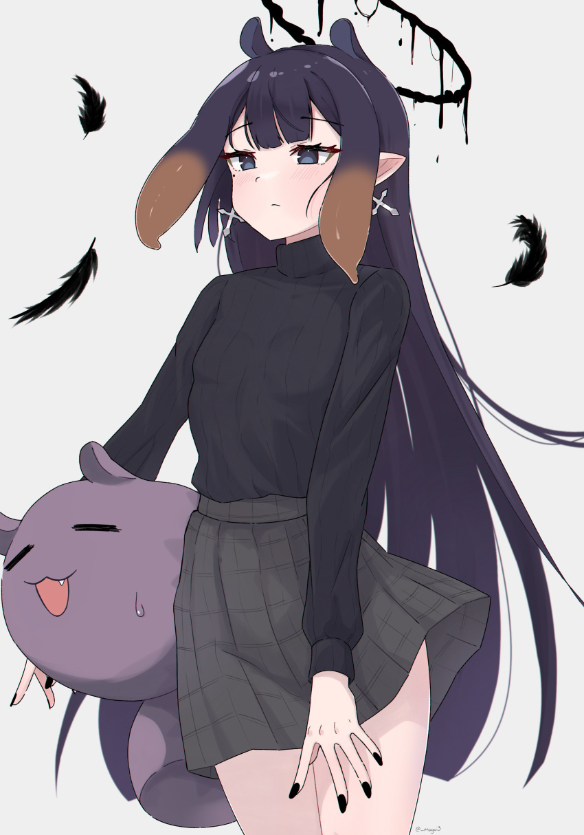 1girl :3 absurdres black_feathers black_halo black_nails black_sweater blunt_bangs breasts closed_eyes cross cross_earrings earrings feathers grey_eyes grey_skirt halo highres hololive hololive_english jewelry long_hair magui3 melting_halo ninomae_ina'nis pointy_ears purple_hair skirt small_breasts sweat sweater takodachi_(ninomae_ina'nis) tentacle_hair very_long_hair virtual_youtuber