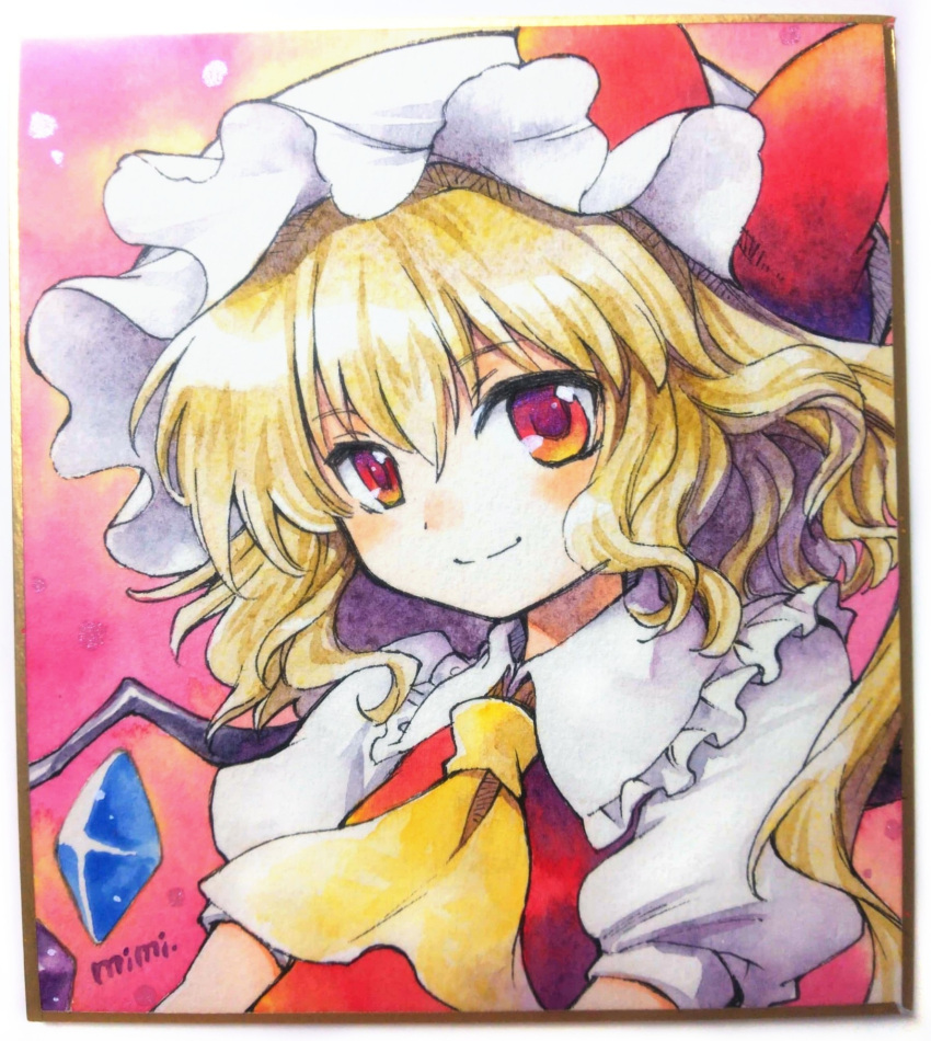 1girl ascot blonde_hair blush bow closed_mouth commentary_request crystal flandre_scarlet flat_chest gradient_background hat hat_bow highres long_hair looking_at_viewer medium_hair mimi_(ikrptppt) mob_cap one_side_up painting_(medium) puffy_short_sleeves puffy_sleeves red_bow red_eyes red_vest short_sleeves simple_background smile solo touhou traditional_media upper_body very_long_hair vest watercolor_(medium) wings yellow_ascot
