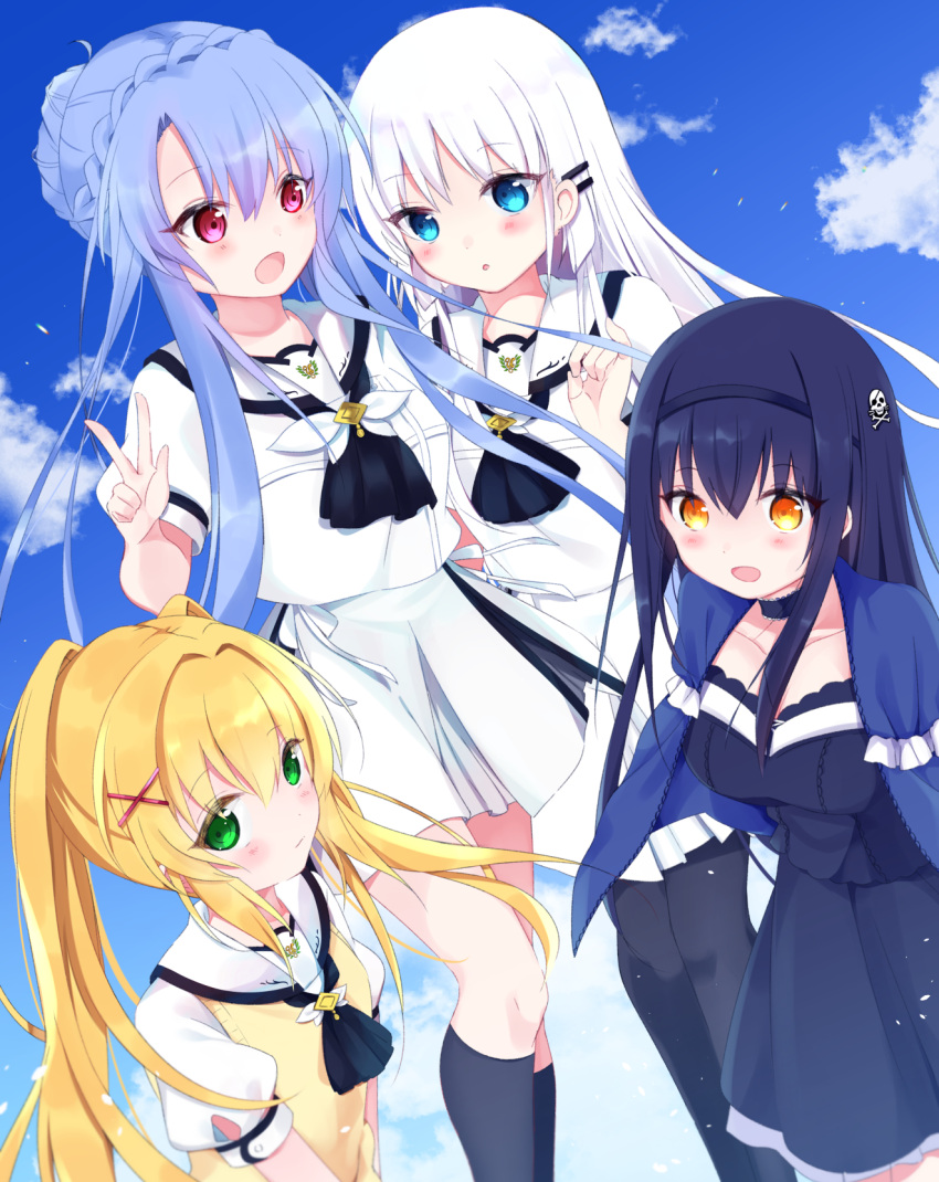 4girls :d :o ascot black_ascot black_dress black_hair black_hairband black_socks blonde_hair blue_capelet blue_eyes blue_hair blue_sky blush bone_hair_ornament breasts capelet cleavage_cutout closed_mouth clothing_cutout clouds commentary cowboy_shot day dress eyes_visible_through_hair feet_out_of_frame floating_hair frilled_capelet frills green_eyes hair_between_eyes hair_intakes hair_ornament hairband hairclip hand_up highres kushima_kamome large_breasts long_hair looking_at_another looking_at_viewer miniskirt multiple_girls naruse_shiroha open_mouth outdoors puffy_short_sleeves puffy_sleeves red_eyes sailor_collar school_uniform shirt short_sleeves skirt skull_and_crossbones skull_hair_ornament sky smile socks sorakado_ao standing straight_hair summer_pockets sweater_vest tsumugi_wenders twintails upper_body very_long_hair w white_hair white_sailor_collar white_shirt white_skirt x_hair_ornament yellow_eyes yellow_sweater_vest yutori_z71