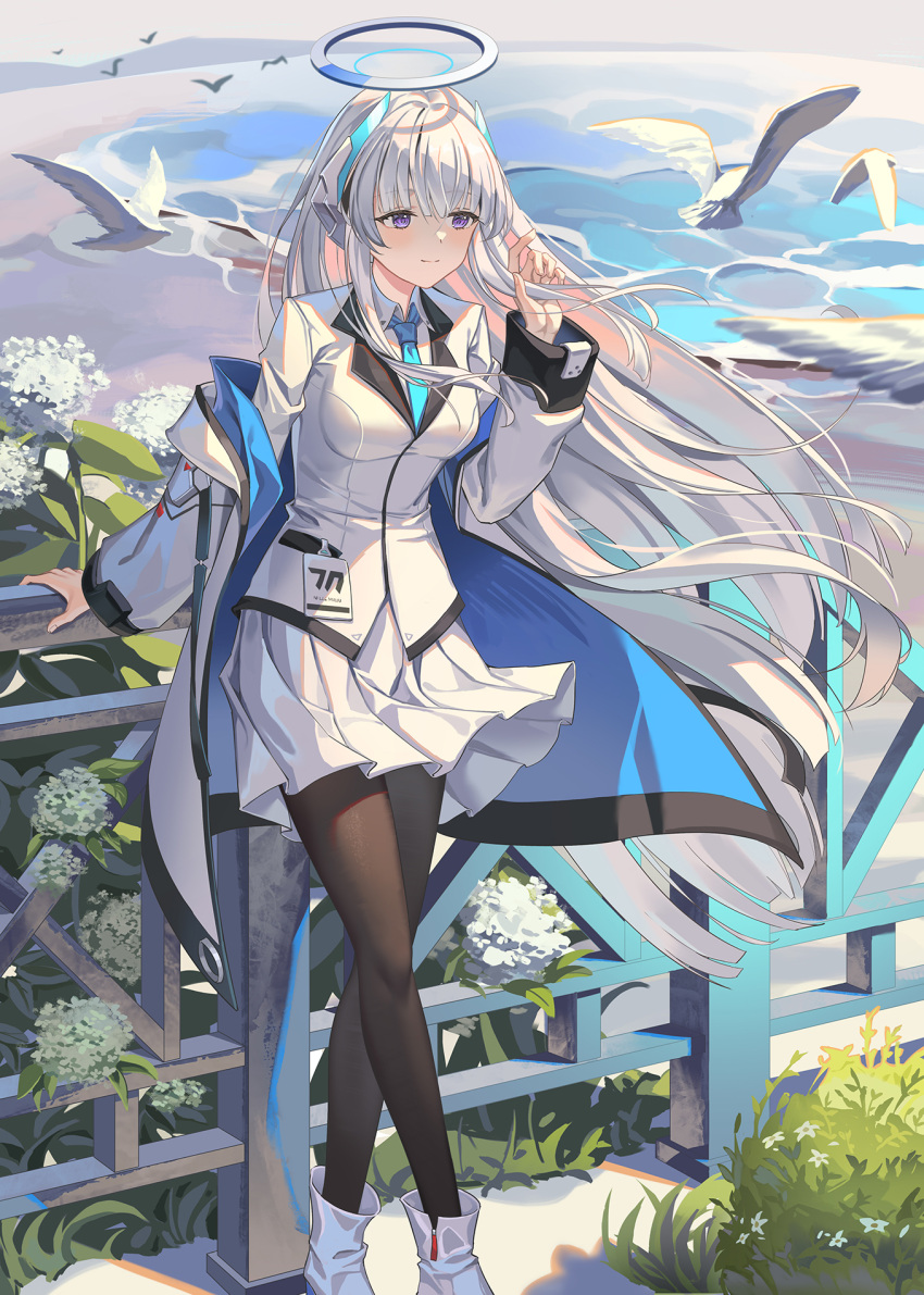 1girl al_guang bird blue_archive blue_necktie breasts flower full_body grey_hair halo highres id_card jacket jacket_partially_removed mechanical_halo medium_breasts necktie noa_(blue_archive) outdoors pantyhose seagull skirt smile solo suit two-sided_fabric two-sided_jacket violet_eyes white_jacket white_skirt white_suit