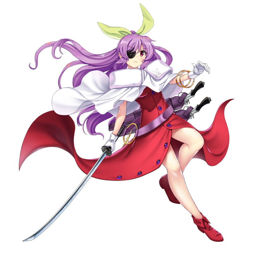 1girl belt capelet closed_mouth eyepatch full_body game_cg gloves hair_ribbon highres holding holding_sword holding_weapon long_hair looking_at_viewer ponytail purple_hair red_footwear ribbon rotte_(1109) simple_background solo sword third-party_source touhou touhou_lost_word violet_eyes watatsuki_no_yorihime watatsuki_no_yorihime_(peace_temple_of_modesty_and_devotion) weapon white_background white_capelet white_gloves yellow_ribbon