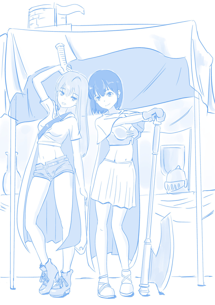 2girls absurdres armor axe breastplate cape cosplay highres holding holding_axe holding_sword holding_weapon long_hair looking_at_viewer midriff monochrome multiple_girls naruchisukisuki original pleated_skirt short_hair shorts sketch skirt standing sword tank_top tent weapon