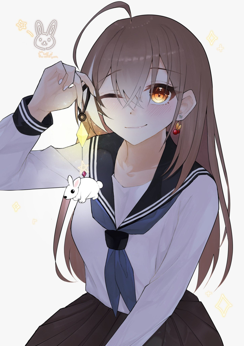 1girl 2023 ahoge animal animal_ears berry blush brown_eyes brown_hair chinese_zodiac closed_mouth diamond_(shape) earrings food-themed_earrings hair_between_eyes highres holding holocouncil hololive hololive_english jewelry long_hair long_sleeves looking_at_viewer multicolored_hair nanashi_mumei neckerchief one_eye_closed pleated_skirt rabbit rabbit_ears sailor_collar school_uniform serafuku shirt simple_background skirt smile solo star_(symbol) streaked_hair unmeidesu upper_body virtual_youtuber white_background white_rabbit_(animal) white_shirt year_of_the_rabbit