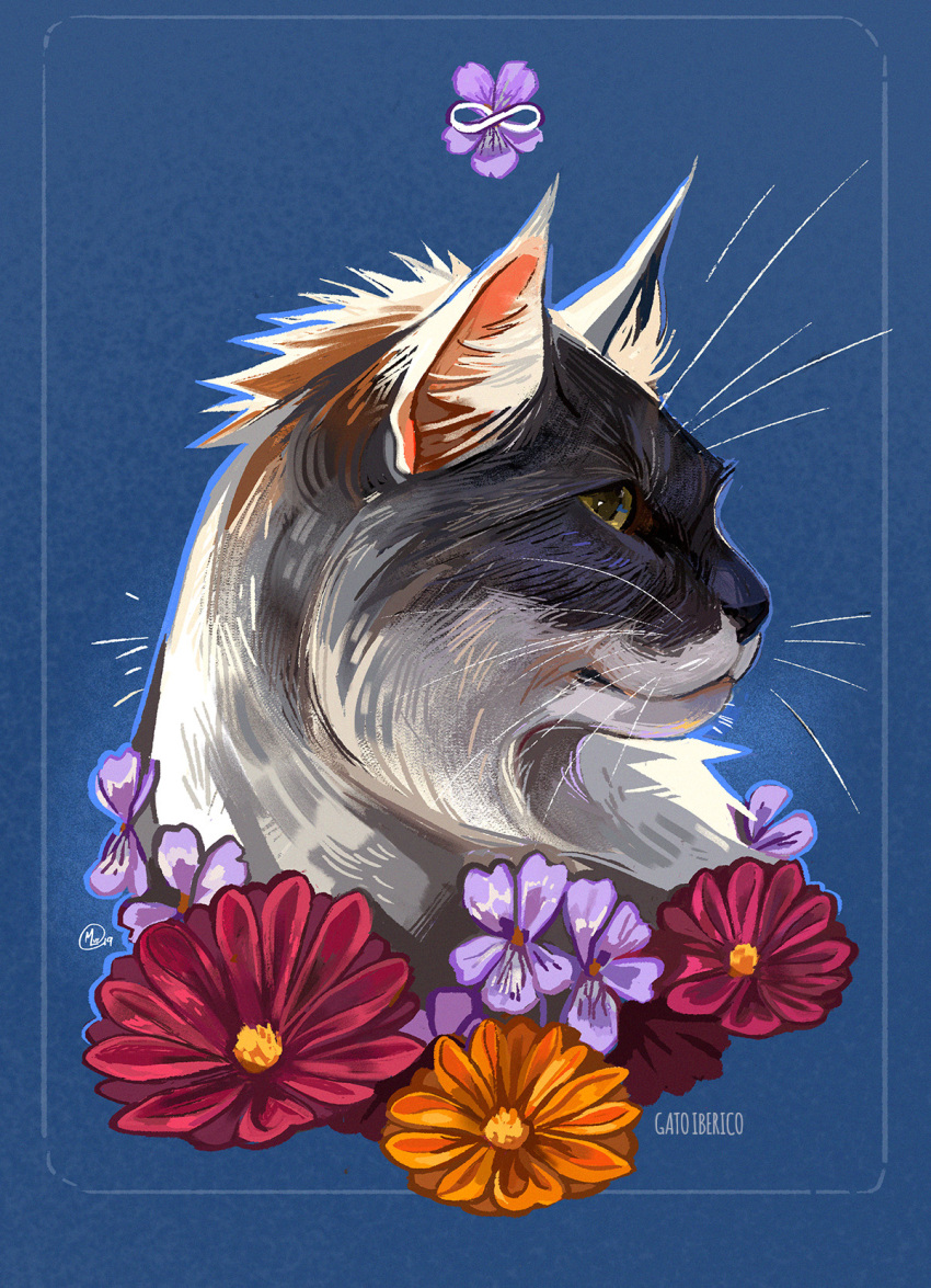 animal animal_focus artist_name blue_background cat commentary commission english_commentary flower gatoiberico highres no_humans orange_flower original purple_flower red_flower simple_background